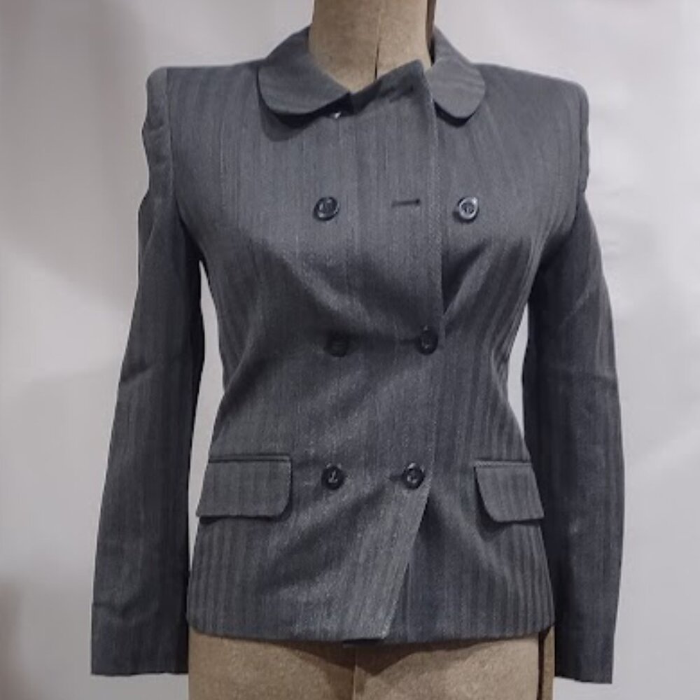 RENA ROWAN 100% WOOL BLAZER NWOT HERRINGBONE GREY BUTTON FRONT FITTED 6P
